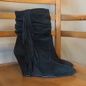 Suede Black Fringe Wedge Boots Western Boho Country Concert
